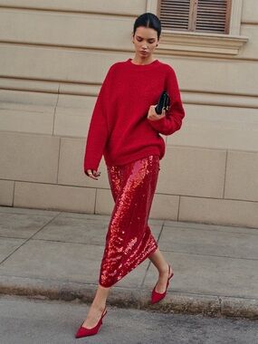 Red Sequin Maxi Skirt - Elegant Evening Skirt